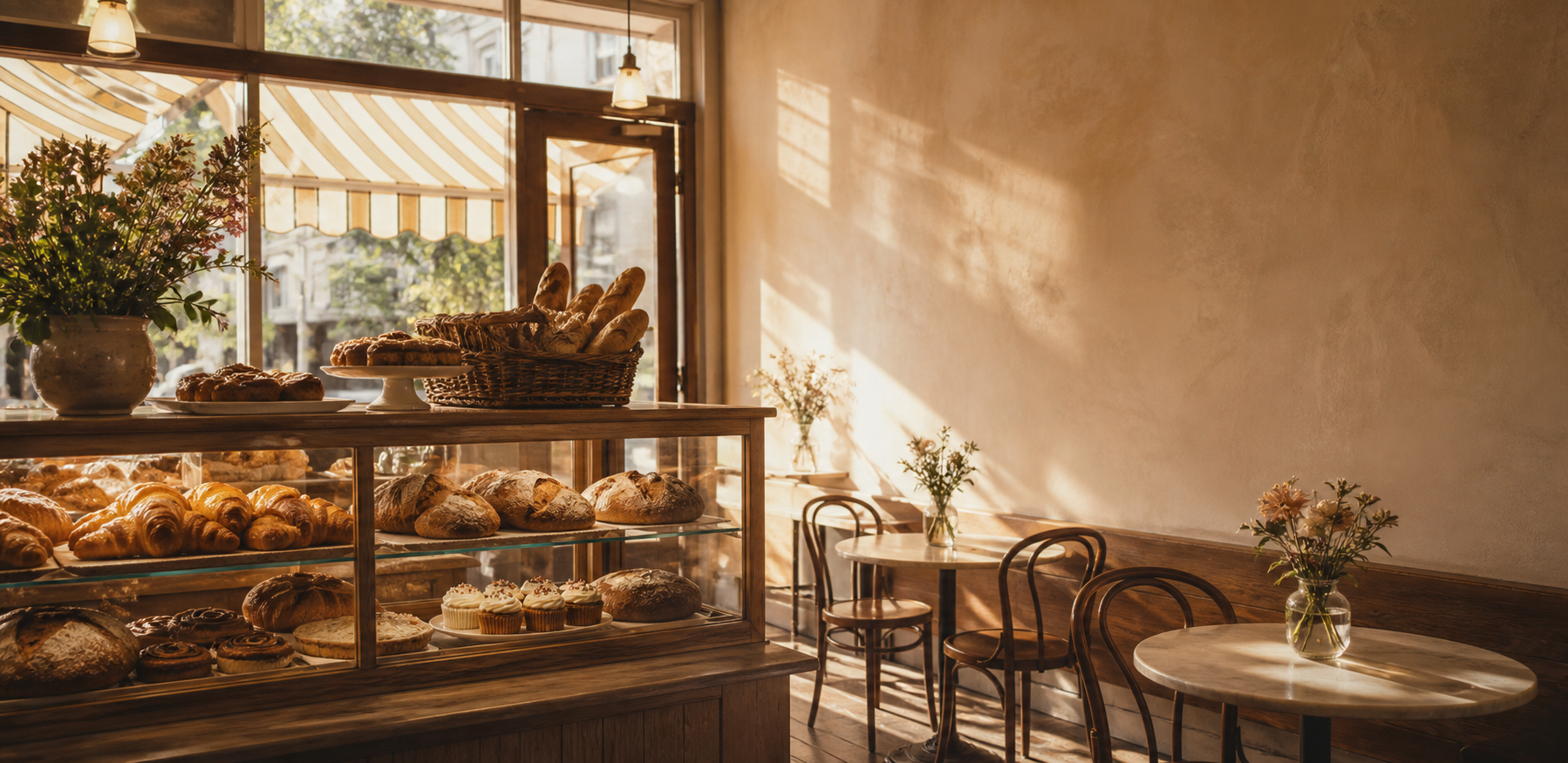 A warm bakery interior filled with fresh bread and pastries